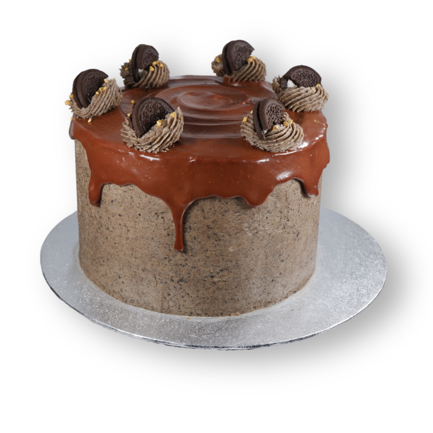 Oreo cake, covered with oreo buttercream, chocolate drip and swirls with oreo buttercream and half oreo on top