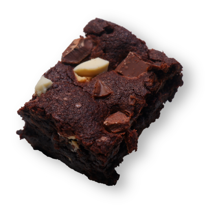 Photo of the product. You can see a slice of triple chocolate brownie.