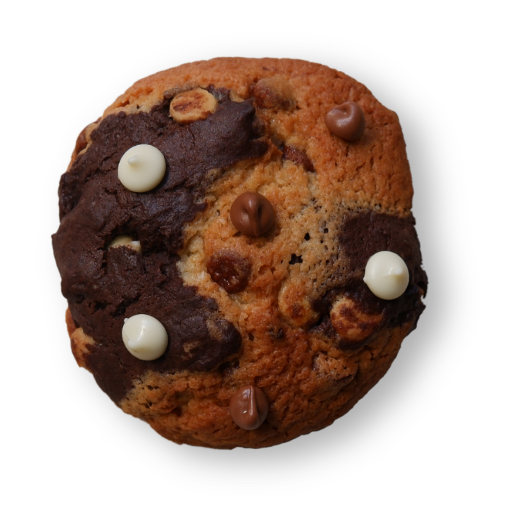 Photo of the product. Chocolate cookie with vanilla cookie. You can see white and milk chocolate chips on top of the cookie.